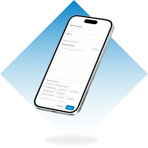 Celular flutuando sobre um fundo azul, exibindo gráficos de análise de dados.