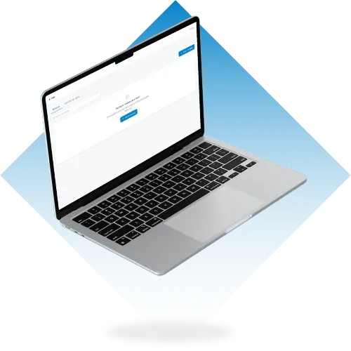 Notebook flutuando sobre um fundo azul. Na tela, um sistema com os registros organizados automaticamente.